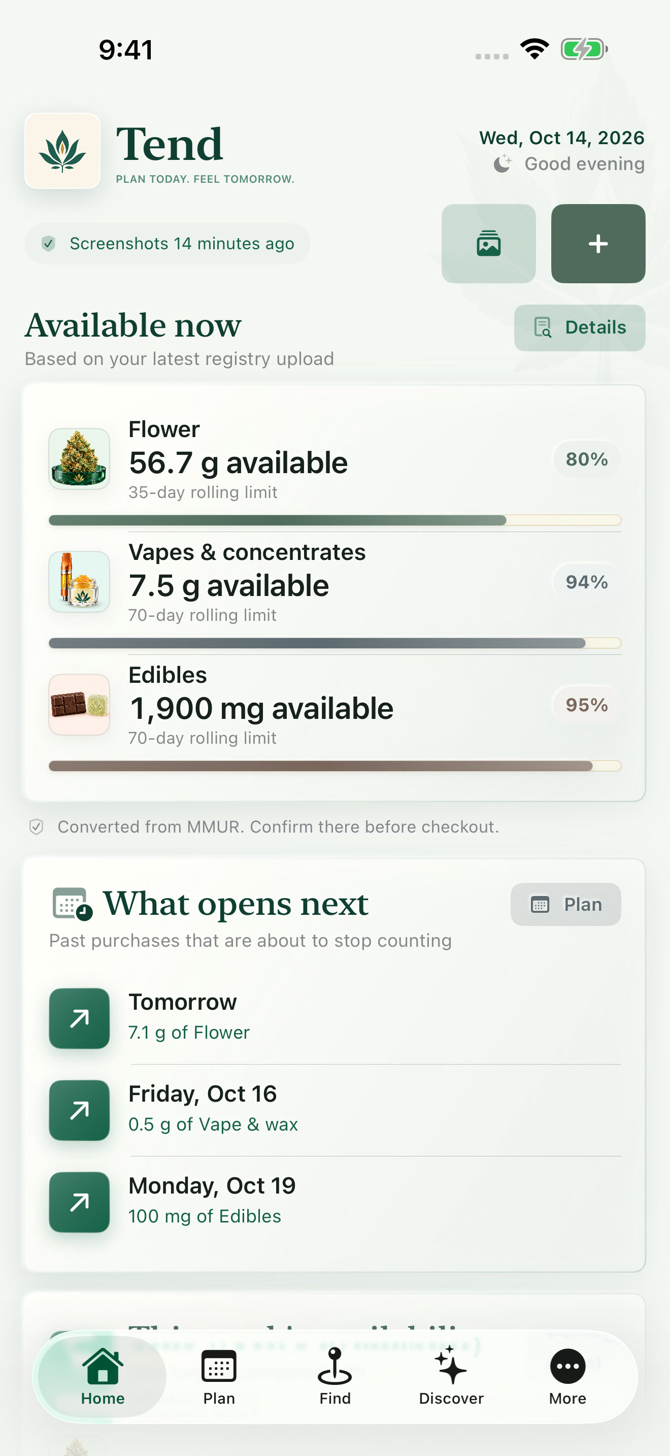 Tend Home showing available amounts for flower, vapes and edibles, with upcoming dates